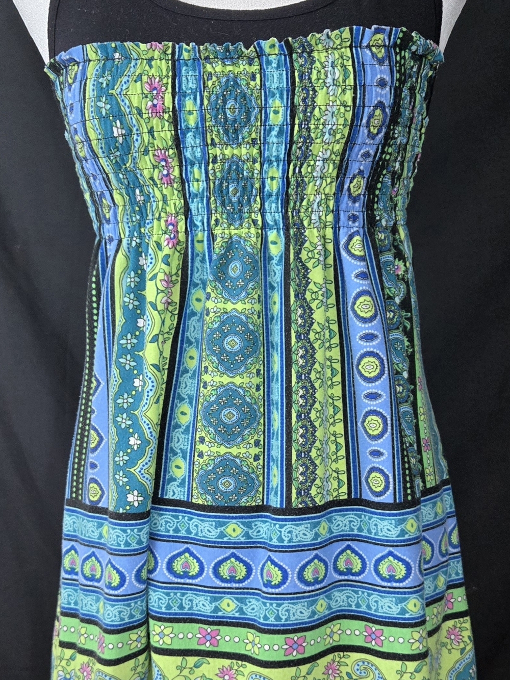 Next Era Strapless Smocked Top - Blue & Green Print#701